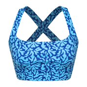 Blue patterned sports bra on a white background